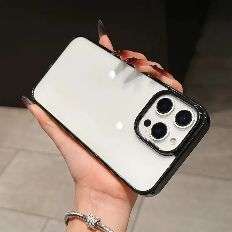 Clear DIY phone case for iPhone with black protective frame and transparent back panel, featuring raised camera protection, ready for sticker decoration.