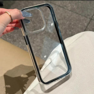 A hand holding a sleek transparent phone case with a black protective rim, used as a base for dark aesthetic DIY art.