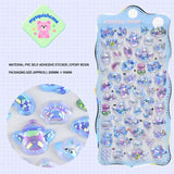 Product display of blue "BONBON DROP" themed 3D crystal puffy sticker sheet, including material (PVC/epoxy resin) and packaging size (200mm×95mm), cute kawaii iridescent pet stickers for planner and DIY craft decoration