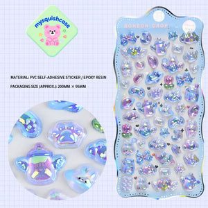 Product display of blue "BONBON DROP" themed 3D crystal puffy sticker sheet, including material (PVC/epoxy resin) and packaging size (200mm×95mm), cute kawaii iridescent pet stickers for planner and DIY craft decoration