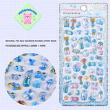 Product display of blue pet themed 3D crystal puffy sticker sheet, including material (PVC/epoxy resin) and packaging size (200mm×95mm), cute kawaii stickers for planner decoration
