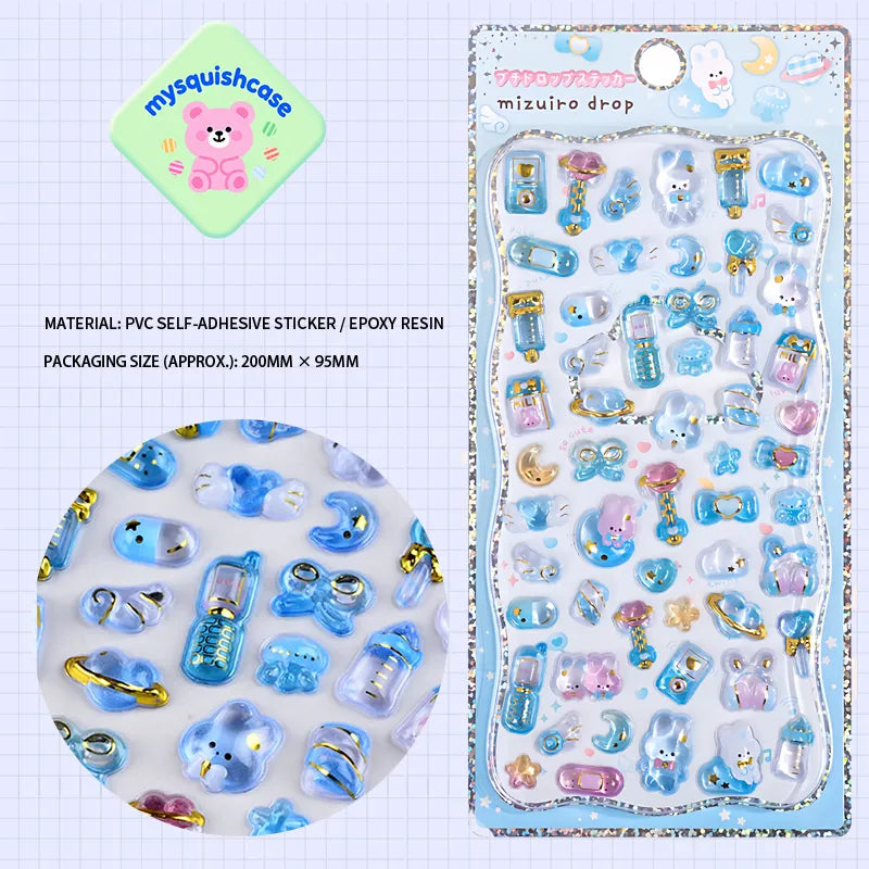 Product display of blue pet themed 3D crystal puffy sticker sheet, including material (PVC/epoxy resin) and packaging size (200mm×95mm), cute kawaii stickers for planner decoration
