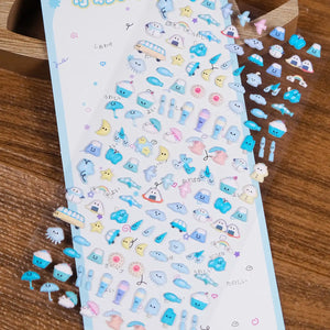 Close-up of 3D puffy "Cute Traveler" stickers, highlighting cute weather and travel motifs like clouds, umbrellas, and buses, self-adhesive PVC epoxy stickers
