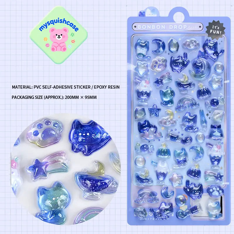 BONBON DROP 3D crystal sticker sheet with blue star & cat patterns, PVC self-adhesive, size 200×95mm	