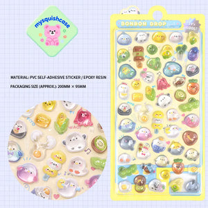 Product display of "BONBON DROP" themed 3D crystal puffy sticker sheet, including material (PVC/epoxy resin) and packaging size (200mm×95mm), cute kawaii dinosaur and animal stickers for planner and DIY craft decoration