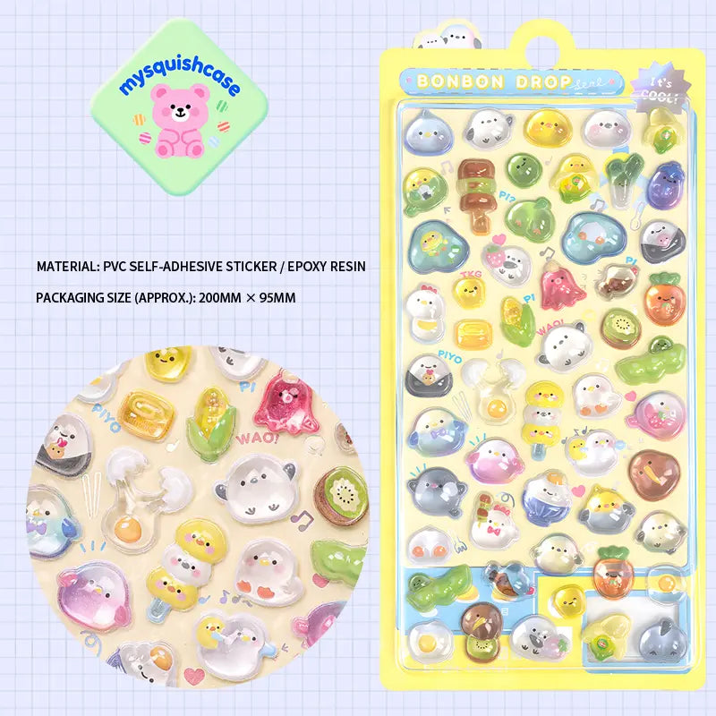 Product display of "BONBON DROP" themed 3D crystal puffy sticker sheet, including material (PVC/epoxy resin) and packaging size (200mm×95mm), cute kawaii dinosaur and animal stickers for planner and DIY craft decoration