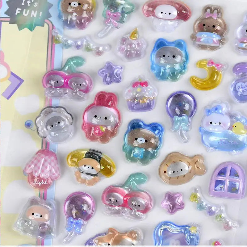 Close-up of BONBON DROP stickers with cute rabbit, bear & cat patterns, showing iridescent epoxy texture	