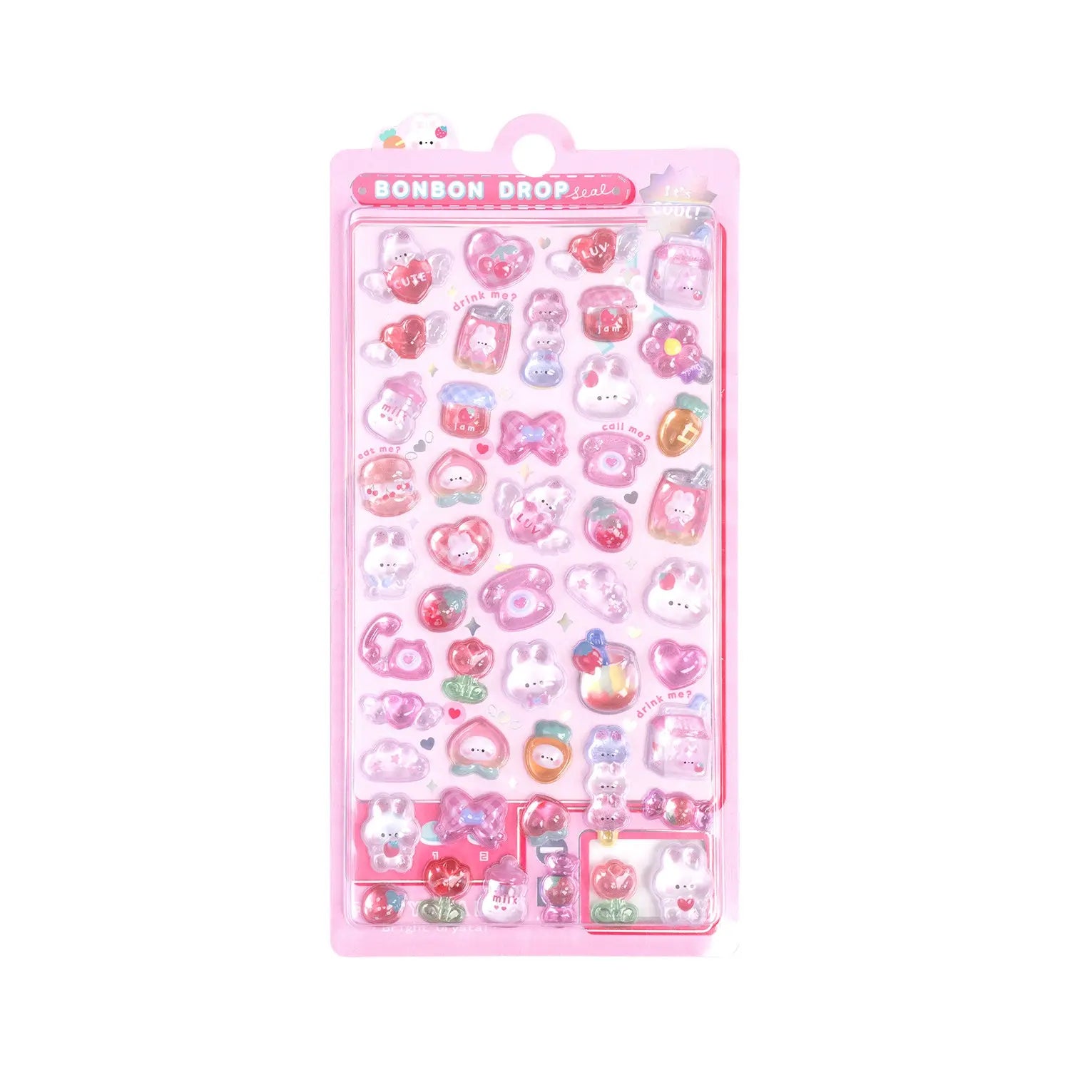 Pink Bonbon Drop cute kawaii sticker sheet with 3D jelly-style characters, hearts, and cute designs for DIY phone case decoration.
