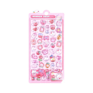 Pink Bonbon Drop cute kawaii sticker sheet with 3D jelly-style characters, hearts, and cute designs for DIY phone case decoration.
