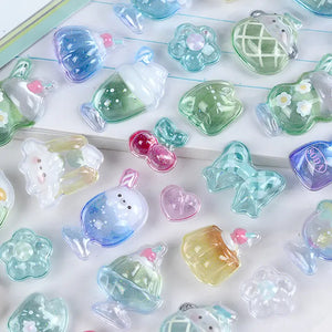Close-up of BONBON DROP stickers with drink & bottle patterns, featuring flower & fruit designs	