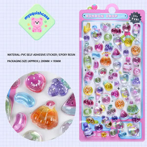 BONBON DROP 3D crystal sticker sheet with fruit jelly patterns (strawberry, grape, orange), PVC self-adhesive, size 200×95mm	