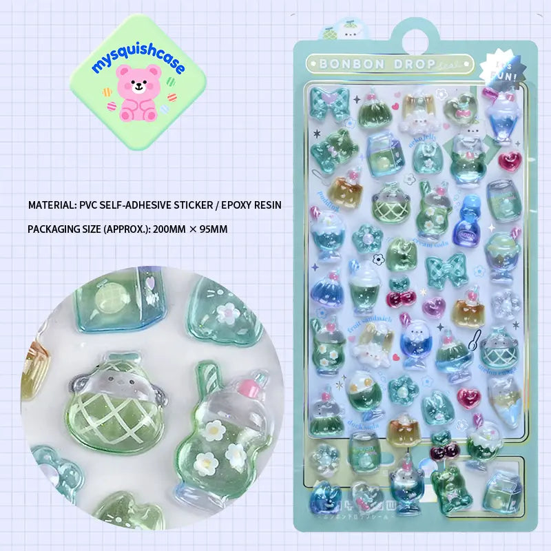 BONBON DROP 3D crystal sticker sheet with green drink & bottle patterns, flower design, PVC self-adhesive, size 200×95mm	
