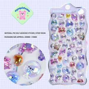 Product display of "BONBON DROP" themed 3D crystal puffy sticker sheet, including material (PVC/epoxy resin) and packaging size (200mm×95mm), cute kawaii iridescent pet stickers for planner and DIY craft decoration
