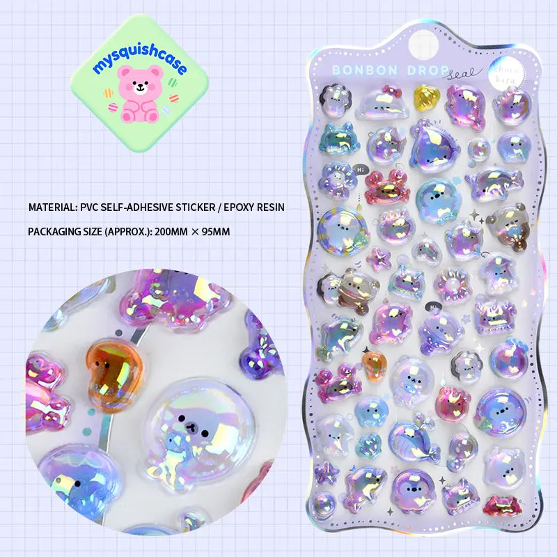 Product display of "BONBON DROP" themed 3D crystal puffy sticker sheet, including material (PVC/epoxy resin) and packaging size (200mm×95mm), cute kawaii iridescent pet stickers for planner and DIY craft decoration