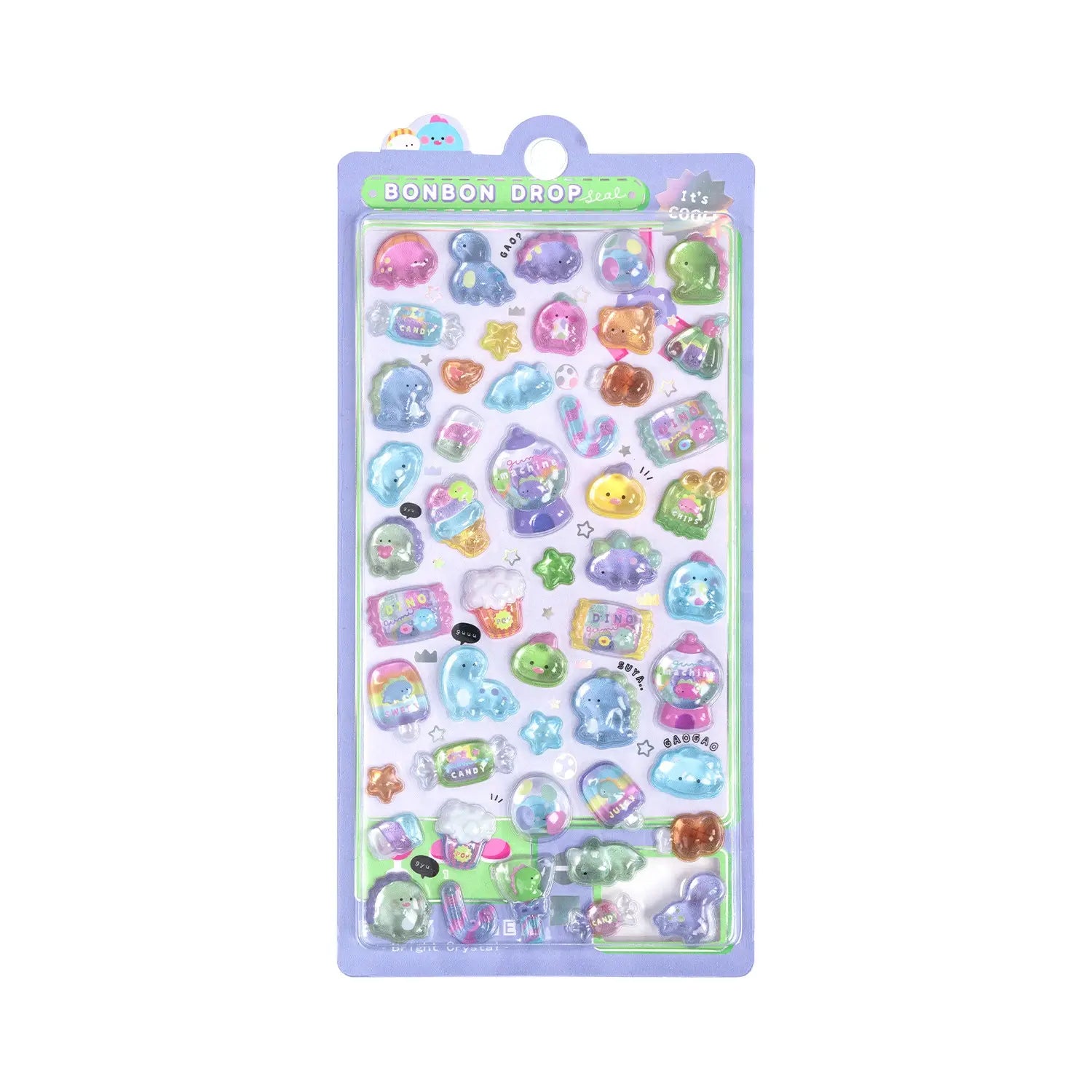 Full display of "BONBON DROP" 3D crystal puffy sticker sheet with adorable pet and candy designs in pastel green and blue tones