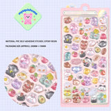 Product display of "BONBON DROP" themed 3D crystal puffy sticker sheet, including material (PVC/epoxy resin) and packaging size (200mm×95mm), cute kawaii animal and fruit stickers for planner and DIY craft decoration
