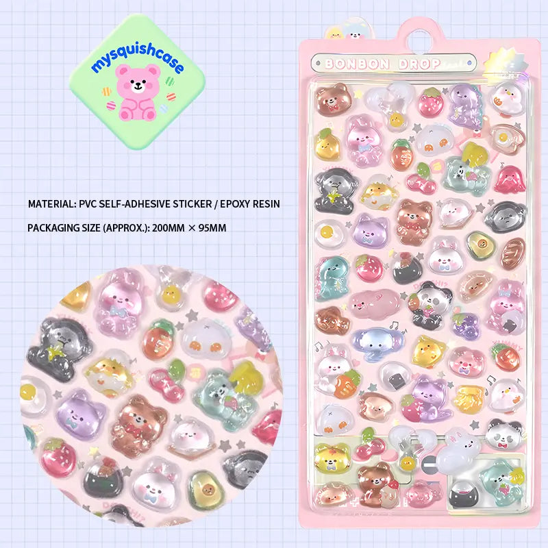 Product display of "BONBON DROP" themed 3D crystal puffy sticker sheet, including material (PVC/epoxy resin) and packaging size (200mm×95mm), cute kawaii animal and fruit stickers for planner and DIY craft decoration