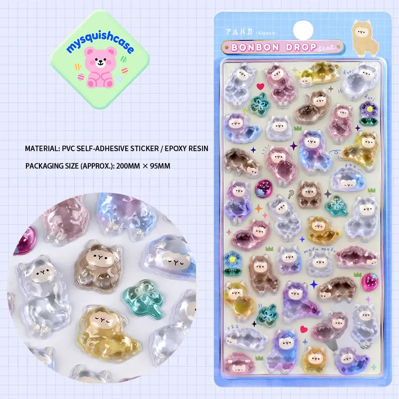 BONBON DROP 3D crystal sticker sheet with cute alpaca patterns, light blue background, PVC self-adhesive, size 200×95mm	