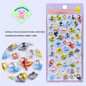BONBON DROP 3D crystal sticker sheet with cute colorful bird patterns, purple background, PVC self-adhesive, size 200×95mm	