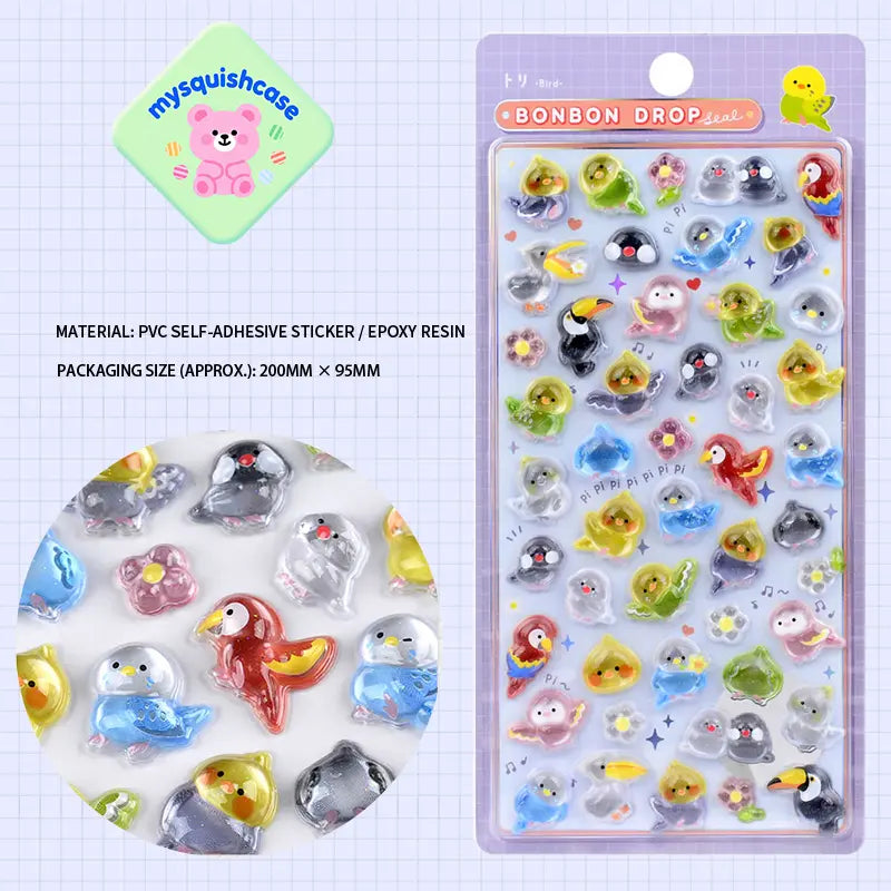 BONBON DROP 3D crystal sticker sheet with cute colorful bird patterns, purple background, PVC self-adhesive, size 200×95mm	