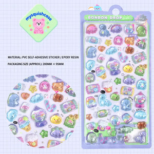 BONBON DROP 3D crystal sticker sheet with cute candy & dinosaur patterns, PVC self-adhesive, size 200×95mm