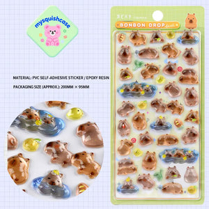 BONBON DROP 3D crystal sticker sheet with cute guinea pig & rabbit patterns, pink background, PVC self-adhesive, size 200×95mm	