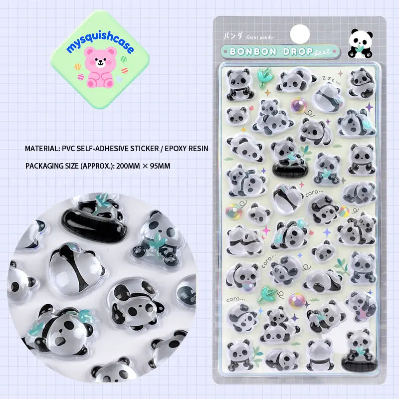 BONBON DROP 3D crystal sticker sheet with cute giant panda patterns, white background, PVC self-adhesive, size 200×95mm	