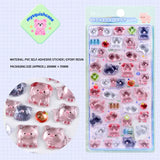BONBON DROP 3D crystal sticker sheet with cute pink pig patterns, light pink background, PVC self-adhesive, size 200×95mm