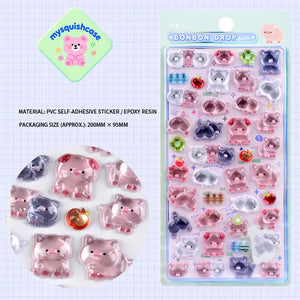 BONBON DROP 3D crystal sticker sheet with cute pink pig patterns, light pink background, PVC self-adhesive, size 200×95mm