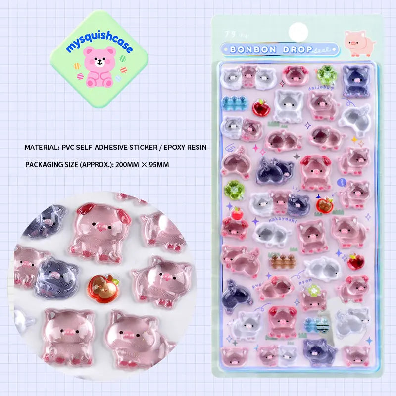 BONBON DROP 3D crystal sticker sheet with cute pink pig patterns, light pink background, PVC self-adhesive, size 200×95mm