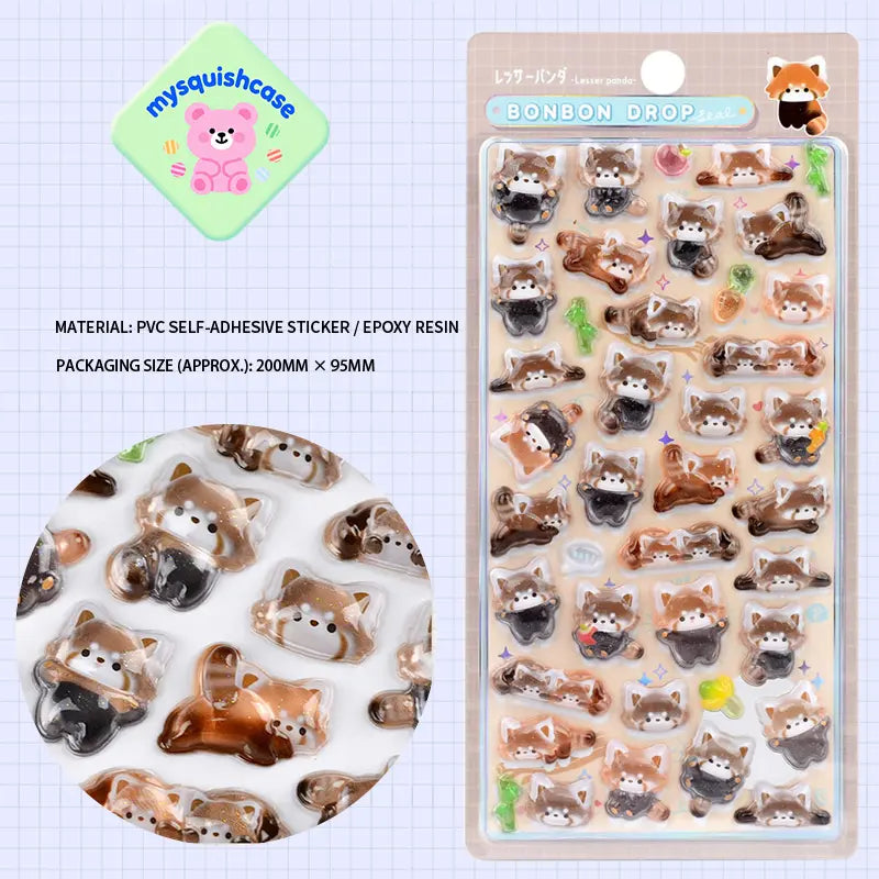BONBON DROP 3D crystal sticker sheet with cute red panda patterns, pink background, PVC self-adhesive, size 200×95mm