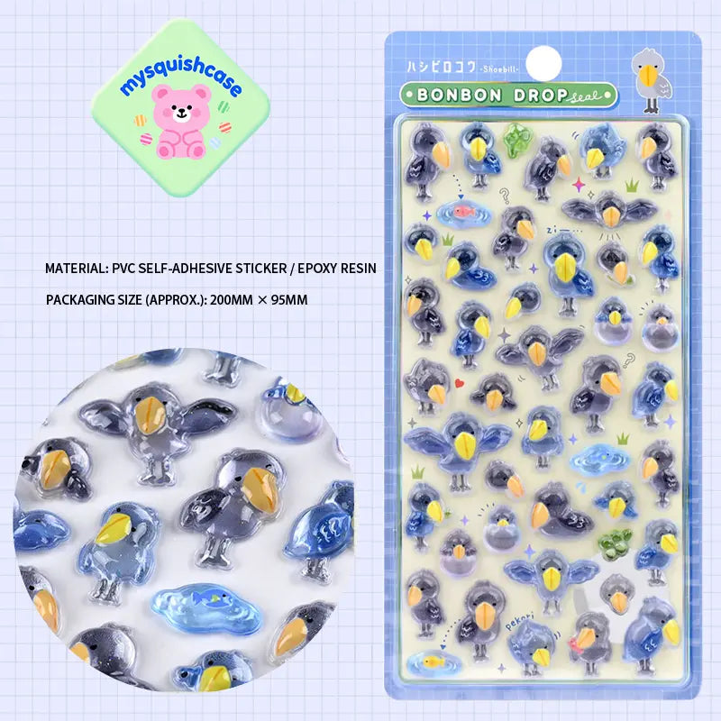 BONBON DROP 3D crystal sticker sheet with cute shoebill patterns, light blue background, PVC self-adhesive, size 200×95mm	