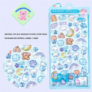 BONBON DROP 3D crystal sticker sheet with cute star, cloud, bear & rainbow patterns, PVC self-adhesive, size 200×95mm