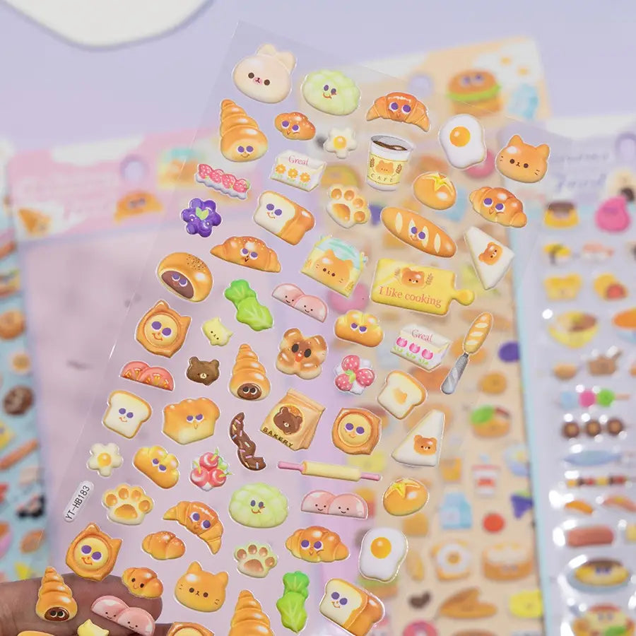 Cute kawaii sticker sheet with glossy bread and animal designs (cat, rabbit, bear, etc.), perfect for DIY phone case decoration.