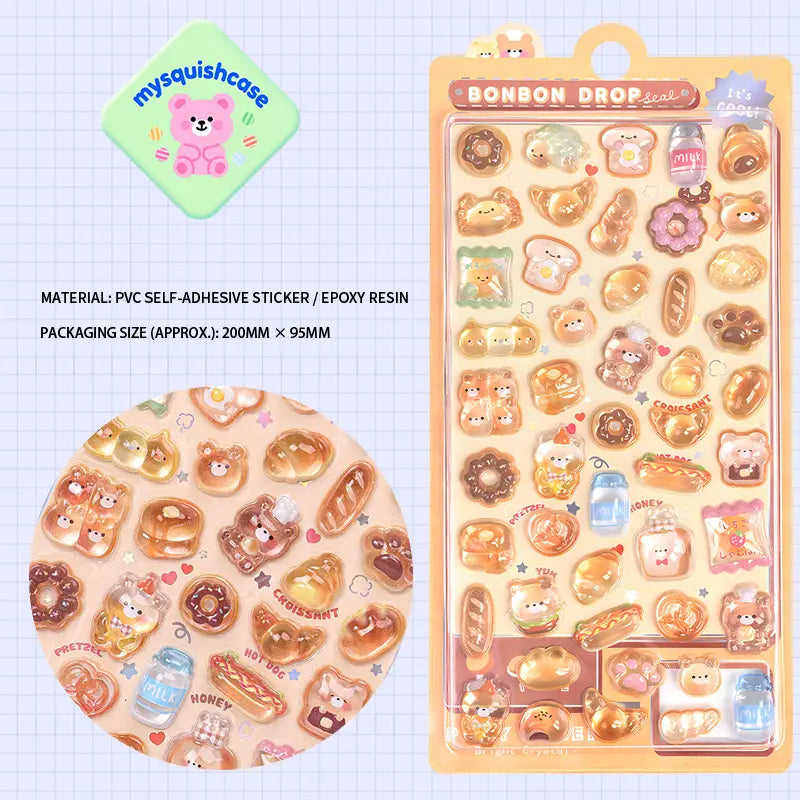 Product display of bread pet themed "BONBON DROP" 3D crystal puffy sticker sheet, including material (PVC/epoxy resin) and packaging size (200mm×95mm), cute kawaii bear and bread stickers for planner and DIY craft decoration