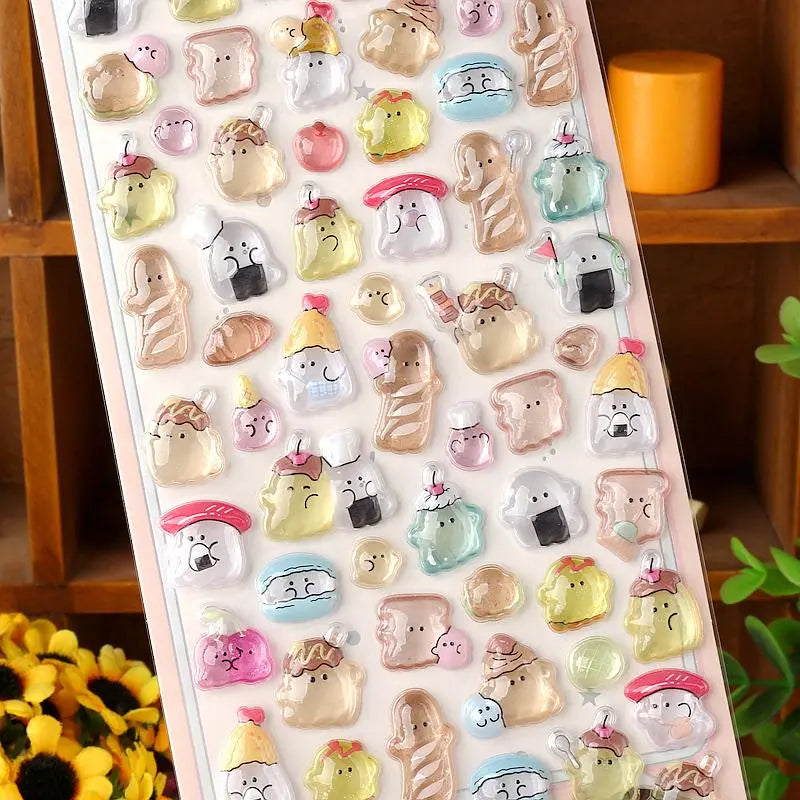 Close-up of 3D crystal clear bread pet stickers with adorable bread, toast, and animal designs, featuring iridescent and glitter effects, self-adhesive PVC epoxy stickers