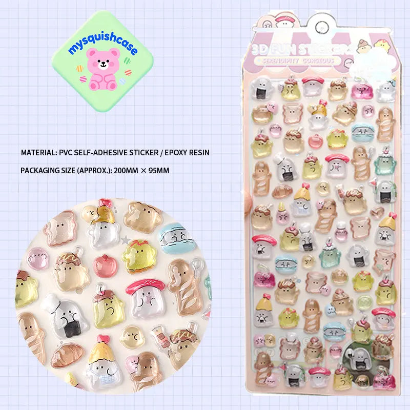 Product display of bread pet themed 3D crystal puffy sticker sheet, including material (PVC/epoxy resin) and packaging size (200mm×95mm), cute kawaii bread and pet stickers for planner and DIY craft decoration