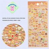 Product display of bread themed 3D puffy sticker sheet, including material (PVC/epoxy resin) and packaging size (200mm×95mm), cute kawaii stickers for planner decoration
