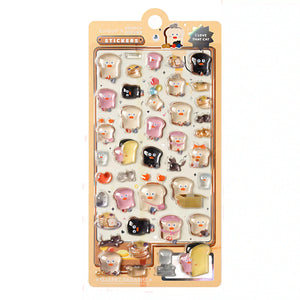 A retail sheet of 3D glossy puffy stickers featuring a cute Korean style brunch cafe theme with funny toast characters, pancakes, and black cats for DIY crafting.