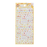 A colorful sheet of Bonbon Drop Seal 3D glossy stickers featuring cute cartoon food items like sunny-side-up eggs, toast, and milk boxes.