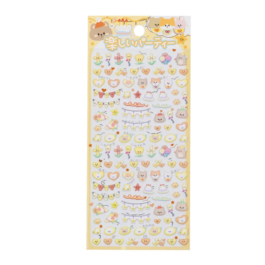 A colorful sheet of Bonbon Drop Seal 3D glossy stickers featuring cute cartoon food items like sunny-side-up eggs, toast, and milk boxes.