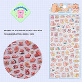 Product display of Capybara themed 3D puffy sticker sheet, including material (PVC/epoxy resin) and packaging size, cute kawaii stickers for DIY phone case and scrapbooking
