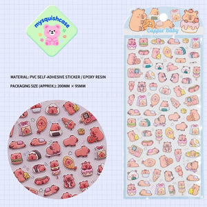 Product display of Capybara themed 3D puffy sticker sheet, including material (PVC/epoxy resin) and packaging size, cute kawaii stickers for DIY phone case and scrapbooking
