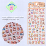Product display of Capybara themed 3D puffy sticker sheet, including material (PVC/epoxy resin) and packaging size (200mm×95mm), cute kawaii stickers for DIY phone case and scrapbooking
