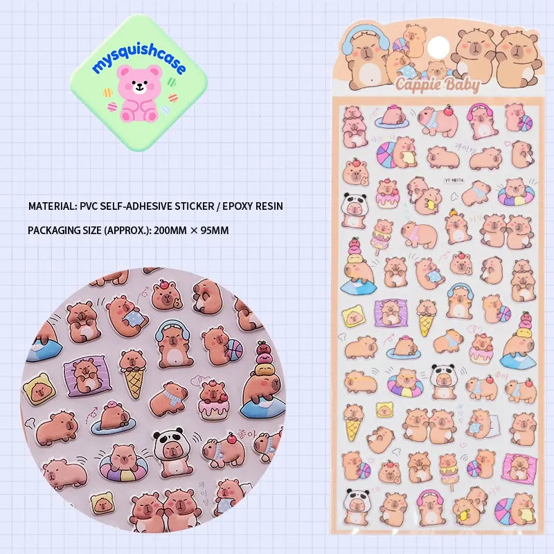 Product display of Capybara themed 3D puffy sticker sheet, including material (PVC/epoxy resin) and packaging size (200mm×95mm), cute kawaii stickers for DIY phone case and scrapbooking
