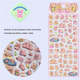Product display of Capybara themed 3D puffy sticker sheet, including material (PVC/epoxy resin) and packaging size (200mm×95mm), cute kawaii stickers for DIY phone case