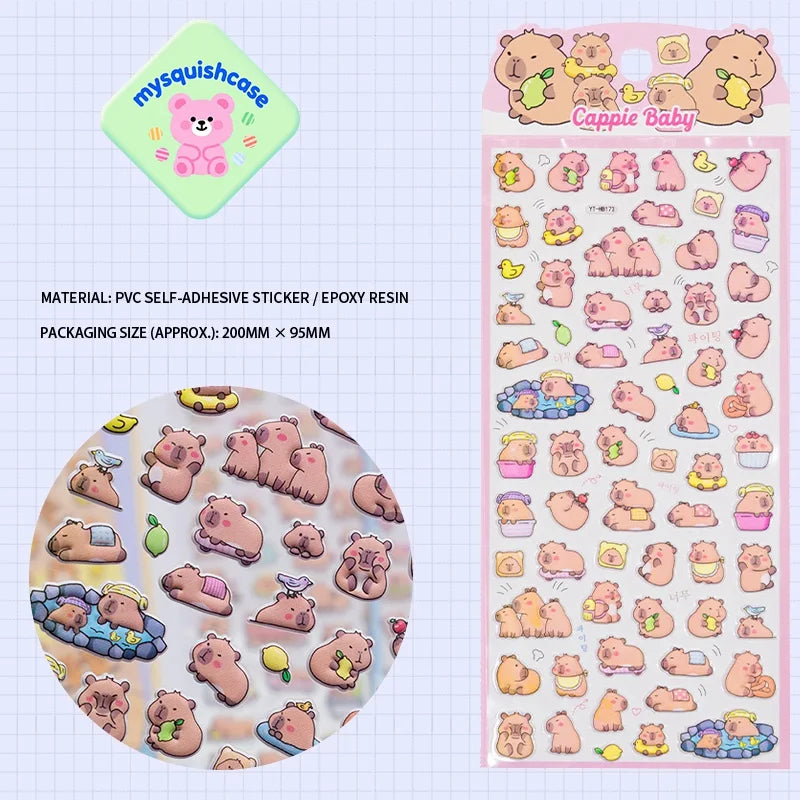 Product display of Capybara themed 3D puffy sticker sheet, including material (PVC/epoxy resin) and packaging size (200mm×95mm), cute kawaii stickers for DIY phone case
