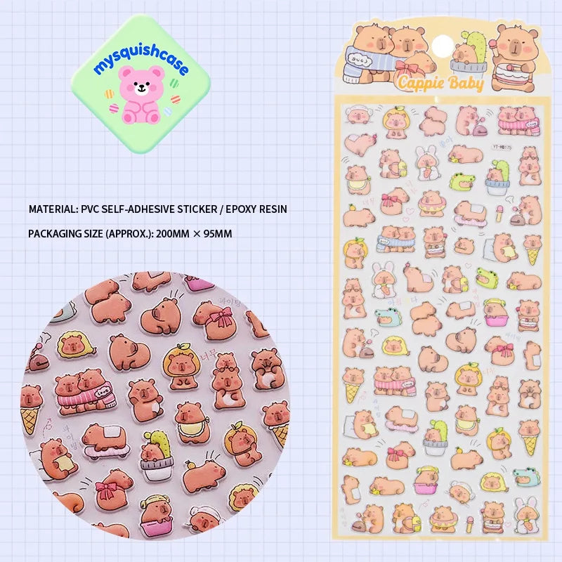 Product display of Capybara themed 3D puffy sticker sheet, including material information (PVC self-adhesive/epoxy resin) and packaging size (200mm x 95mm), cute kawaii stickers for DIY crafts
