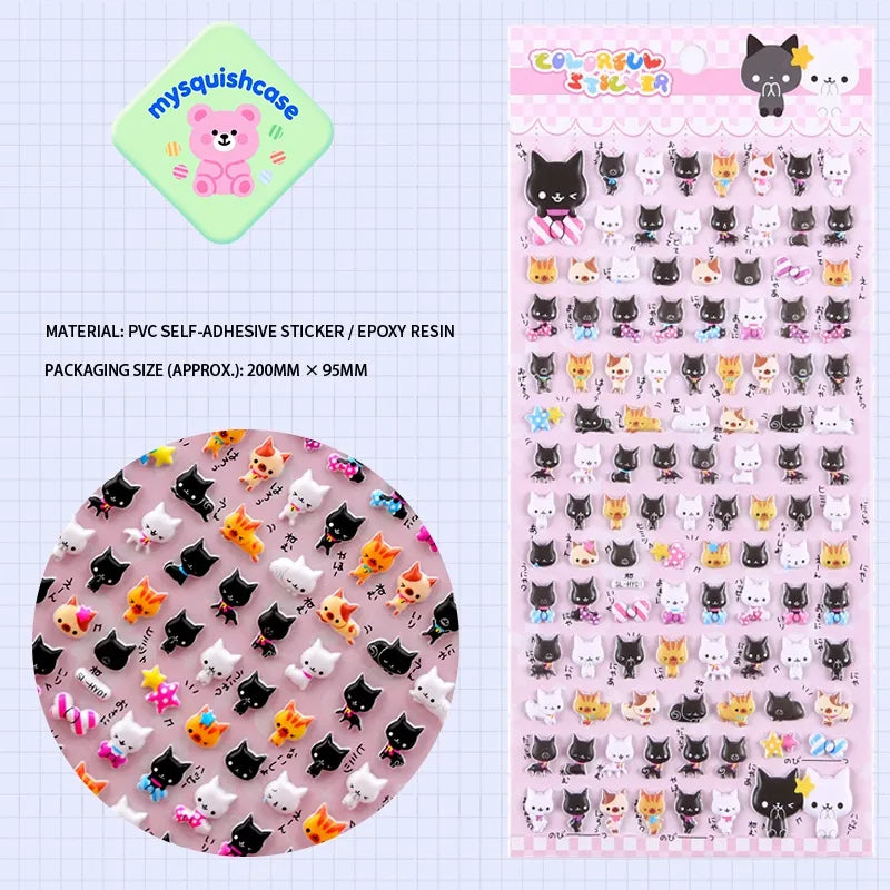 Product display of cat themed 3D puffy sticker sheet, including material (PVC/epoxy resin) and packaging size, cute kawaii stickers for DIY phone case and scrapbooking
