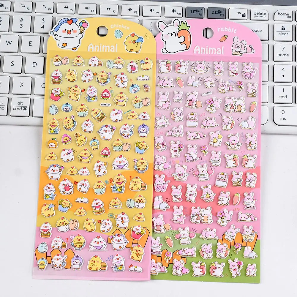Collection of 3D puffy sticker sheets with cute chick and rabbit designs, self-adhesive epoxy PVC stickers for DIY crafts and stationery decoration
